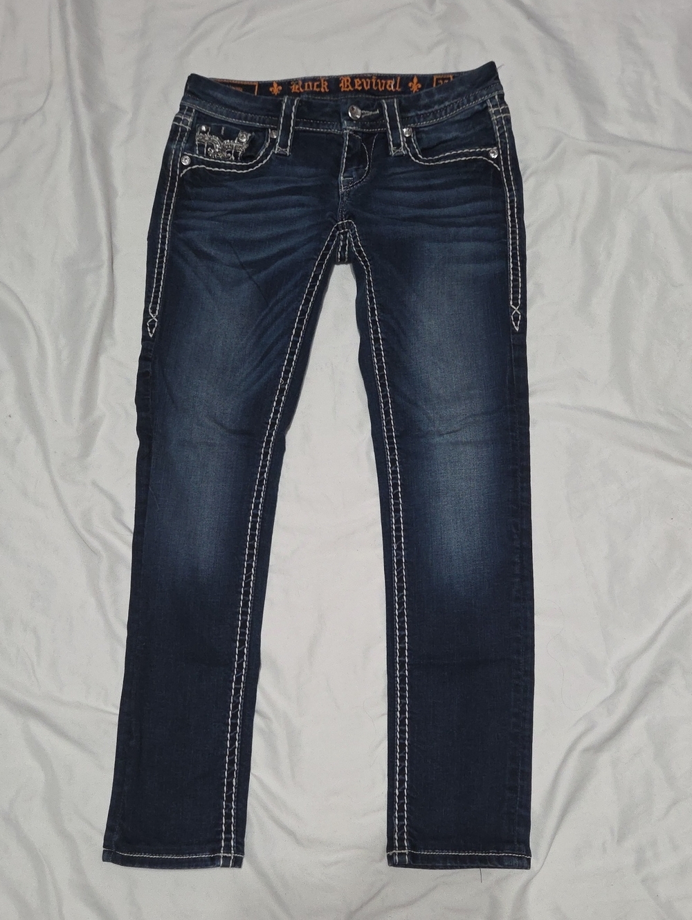 Rock Revival Women’s Dark Indigo Skinny Jeans with White Contrast Stitching